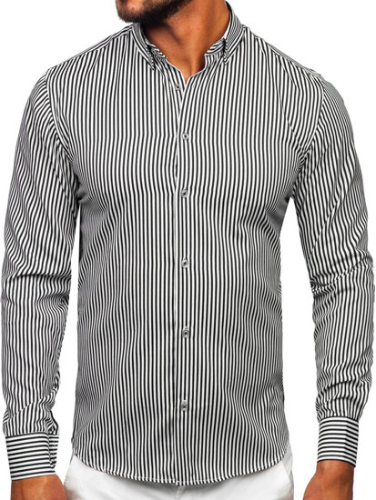 Camisa de rayas de manga larga para hombre negro Bolf 22731