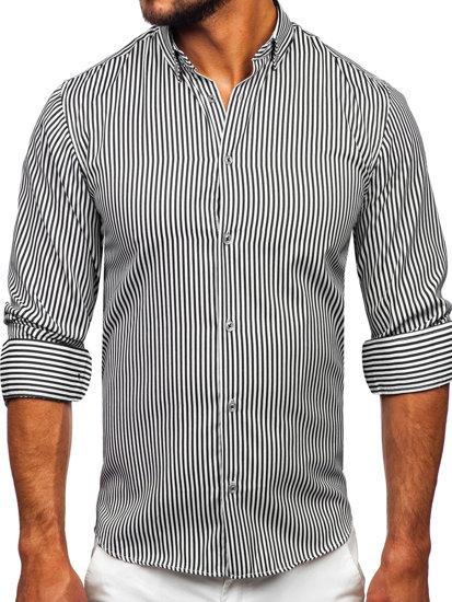 Camisa de rayas de manga larga para hombre negro Bolf 22731