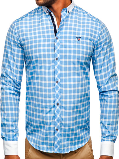 Camisa elegante a cuadros de manga larga para hombre azul claro Bolf 5737-1