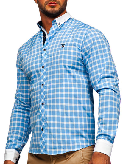 Camisa elegante a cuadros de manga larga para hombre azul claro Bolf 5737-1