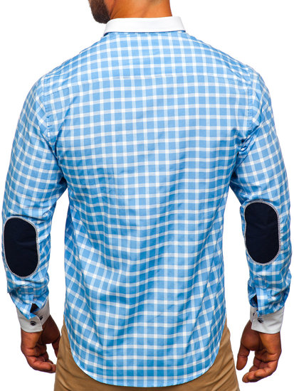 Camisa elegante a cuadros de manga larga para hombre azul claro Bolf 5737-1