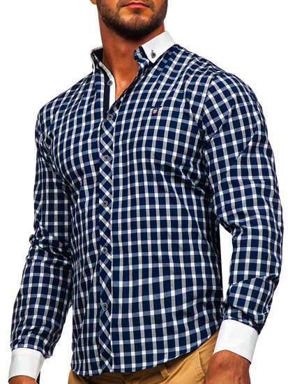 Camisa elegante a cuadros de manga larga para hombre azul oscuro Bolf 5737-1