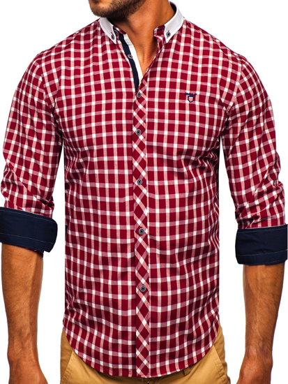 Camisa elegante a cuadros de manga larga para hombre burdeos Bolf 5737-1