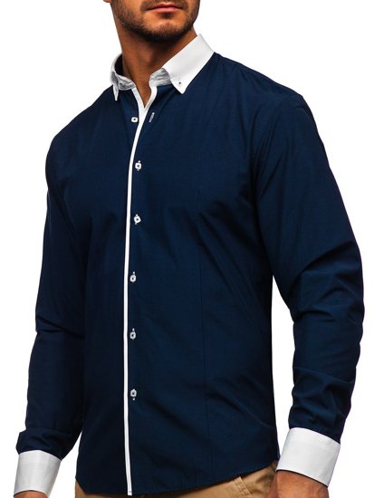 Camisa elegante a manga larga para hombre color azul oscuro Bolf 2782