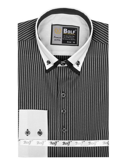 Camisa elegante a rayas con manga larga para hombre color negro Bolf 0909