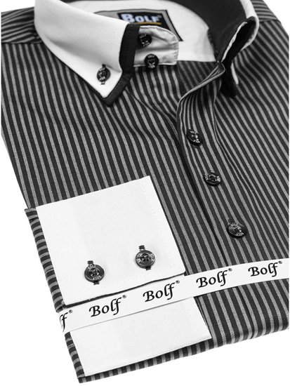 Camisa elegante a rayas con manga larga para hombre color negro Bolf 0909