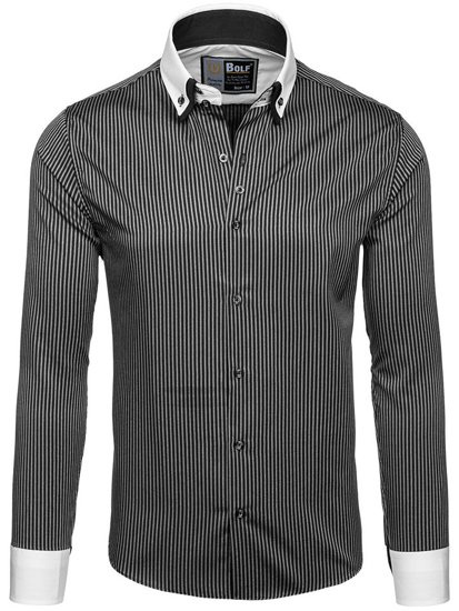 Camisa elegante a rayas con manga larga para hombre color negro Bolf 0909