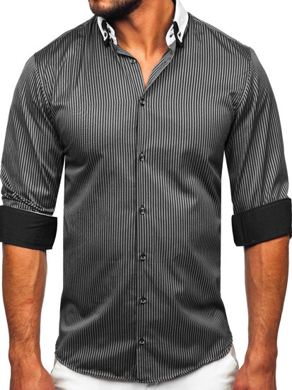 Camisa elegante a rayas con manga larga para hombre color negro Bolf 0909