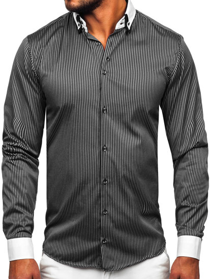 Camisa elegante a rayas con manga larga para hombre color negro Bolf 0909