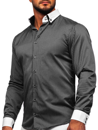 Camisa elegante a rayas con manga larga para hombre color negro Bolf 0909