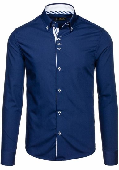 Camisa elegante con manga larga para hombre azul oscuro Bolf 5796