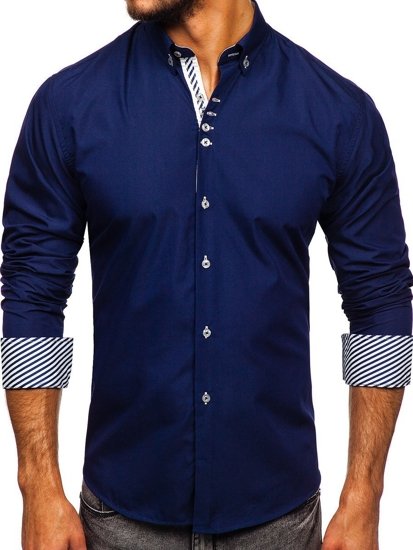 Camisa elegante con manga larga para hombre azul oscuro Bolf 5796