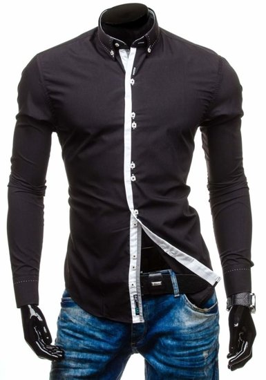 Camisa elegante con manga larga para hombre negra Bolf 5814