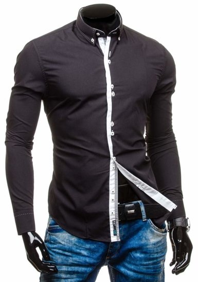 Camisa elegante con manga larga para hombre negra Bolf 5814