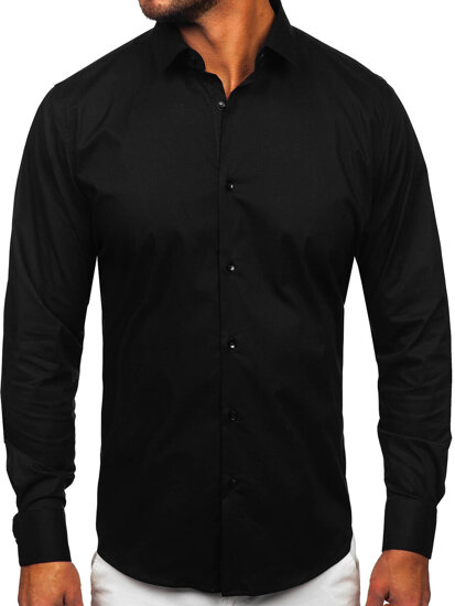 Camisa elegante de algodón de manga larga slim fit para hombre negro Bolf TSM14