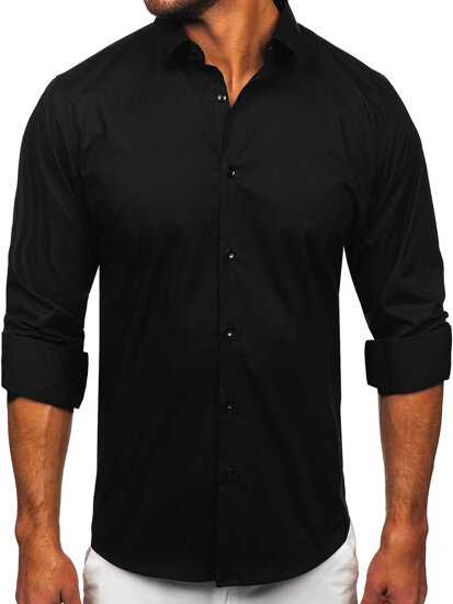 Camisa elegante de algodón de manga larga slim fit para hombre negro Bolf TSM14