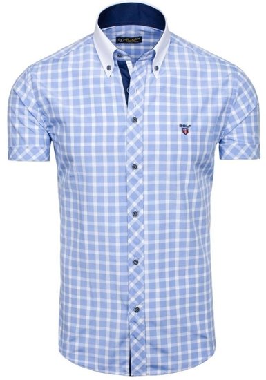 Camisa elegante de cuadros para hombre con manga corta azul Bolf 5531