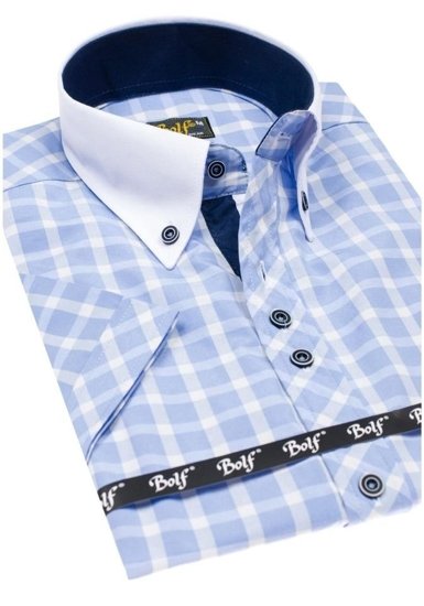 Camisa elegante de cuadros para hombre con manga corta azul Bolf 5531