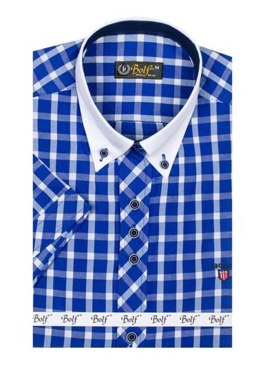 Camisa elegante de cuadros para hombre con manga corta azul aciano Bolf 5531