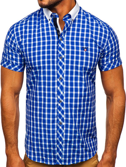 Camisa elegante de cuadros para hombre con manga corta azul aciano Bolf 5531