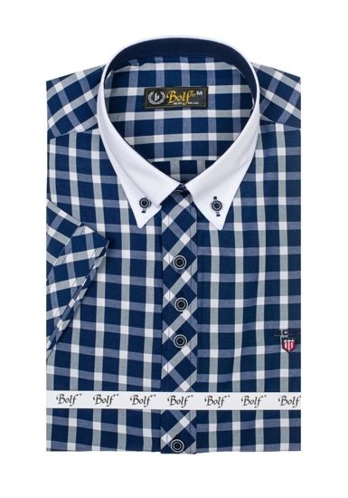 Camisa elegante de cuadros para hombre con manga corta azul marino Bolf 5531