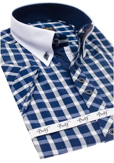 Camisa elegante de cuadros para hombre con manga corta azul marino Bolf 5531