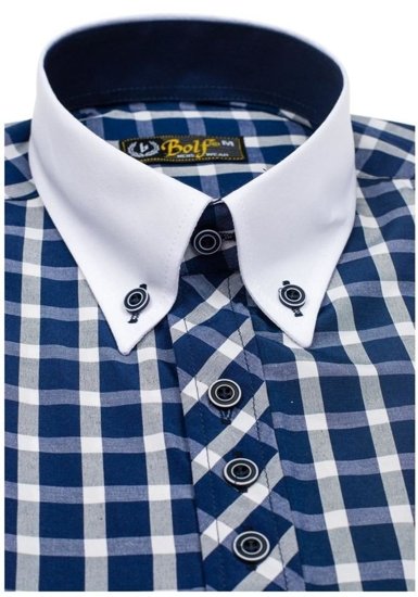 Camisa elegante de cuadros para hombre con manga corta azul marino Bolf 5531