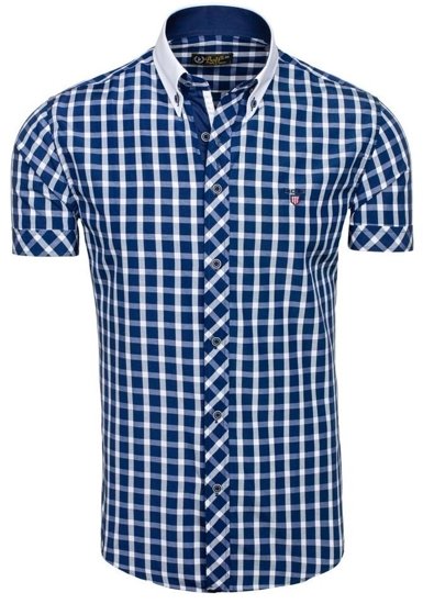 Camisa elegante de cuadros para hombre con manga corta azul marino Bolf 5531