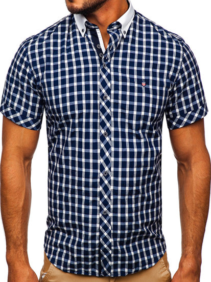 Camisa elegante de cuadros para hombre con manga corta azul marino Bolf 5531