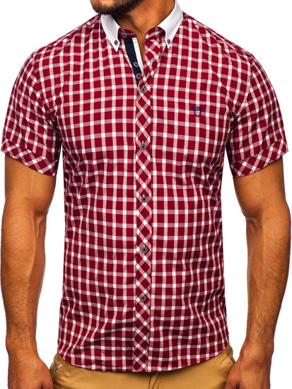 Camisa elegante de cuadros para hombre con manga corta burdeos Bolf 5531