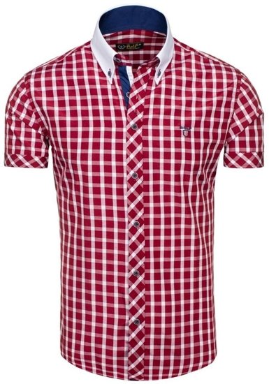 Camisa elegante de cuadros para hombre con manga corta burdeos Bolf 5531