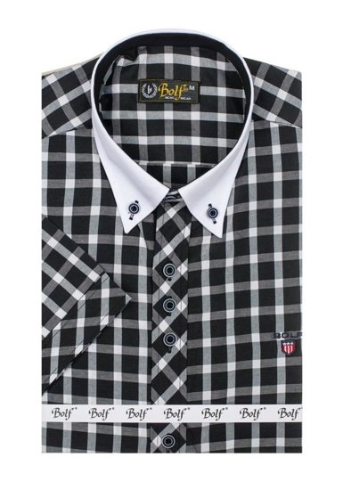 Camisa elegante de cuadros para hombre con manga corta negro Bolf 5531