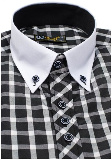 Camisa elegante de cuadros para hombre con manga corta negro Bolf 5531