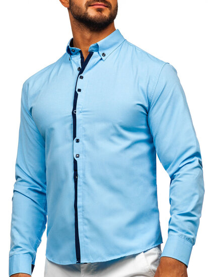 Camisa elegante de hombre azul de manga larga Bolf 24701