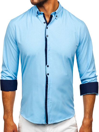 Camisa elegante de hombre azul de manga larga Bolf 24701