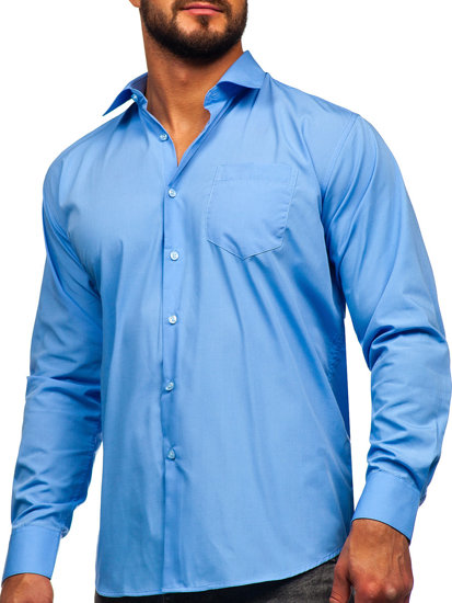 Camisa elegante de maga larga para hombre azul Bolf M14