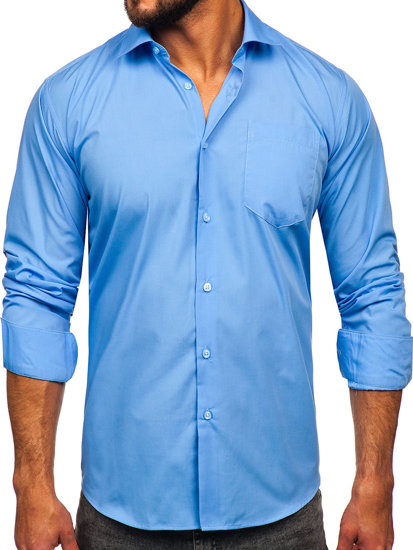 Camisa elegante de maga larga para hombre azul Bolf M14