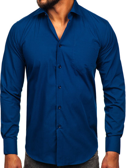 Camisa elegante de maga larga para hombre azul oscuro Bolf M14