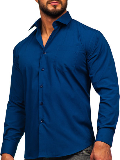 Camisa elegante de maga larga para hombre azul oscuro Bolf M14