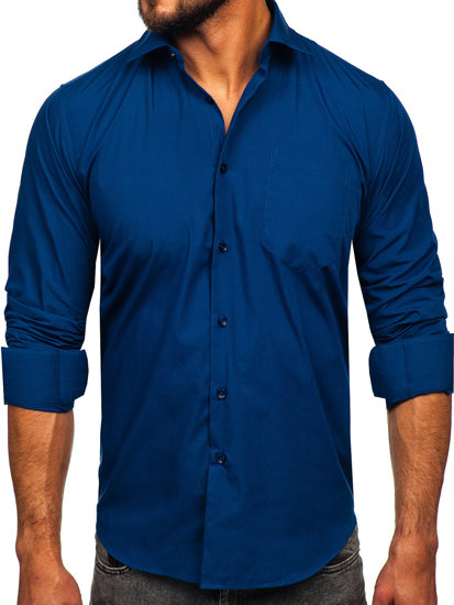 Camisa elegante de maga larga para hombre azul oscuro Bolf M14