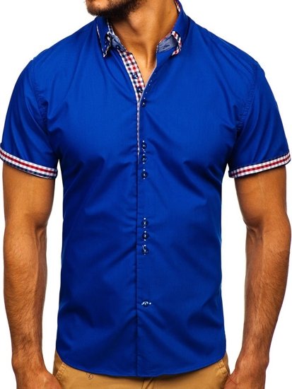 Camisa elegante de manga corta para hombre azul medio Bolf 3507