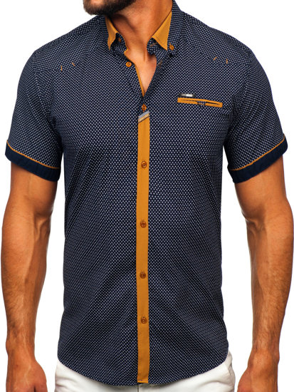 Camisa elegante de manga corta para hombre azul oscuro Bolf 19616