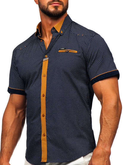 Camisa elegante de manga corta para hombre azul oscuro Bolf 19616