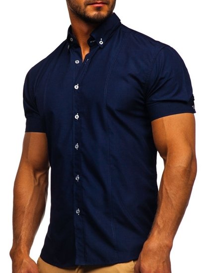 Camisa elegante de manga corta para hombre azul oscuro Bolf 5535