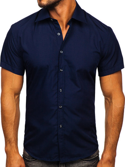 Camisa elegante de manga corta para hombre azul oscuro Bolf 7501