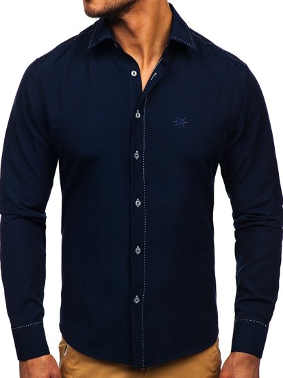 Camisa elegante de manga larga azul oscuro para hombre Bolf 4719