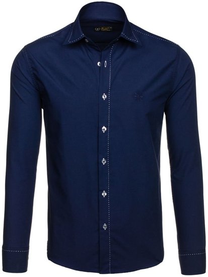 Camisa elegante de manga larga azul oscuro para hombre Bolf 4719