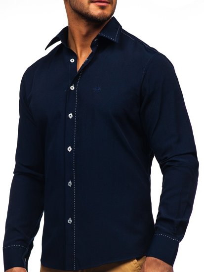 Camisa elegante de manga larga azul oscuro para hombre Bolf 4719