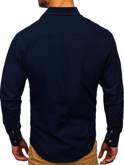 Camisa elegante de manga larga azul oscuro para hombre Bolf 4719