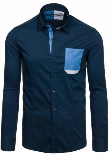 Camisa elegante de manga larga azul oscuro para hombre Bolf 7192